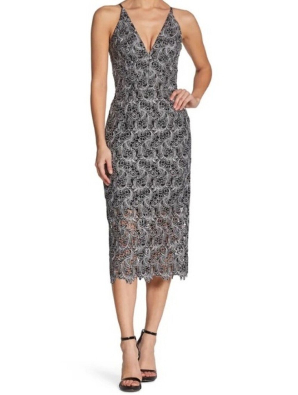 Dress The Population Aurora Lace Cocktail Dress Sz:M Silver Lace & Black FemGlam